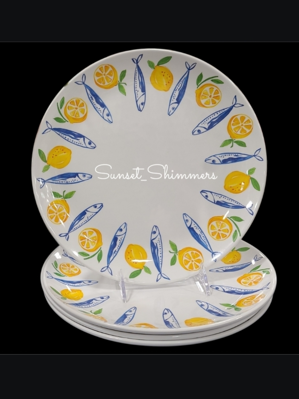 8 Tommy Bahama Sardine Lemon Blue Fish MELAMINE Dinner & Salad Plates Set New - Picture 2 of 8